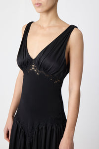 Highland Lace Maxi Dress in Black Silk Satin