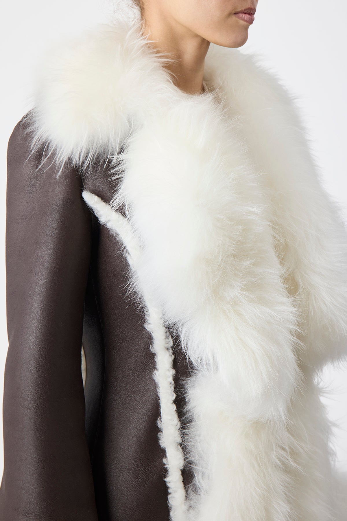 Prufrock Coat in Chocolate & Ivory Cashmere Shearling with Nappa Leather