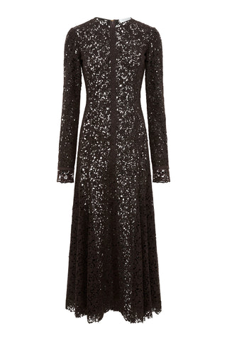 Mabel Dress in Chocolate Floral Cashmere Lace with Suede Lace Cuffs
