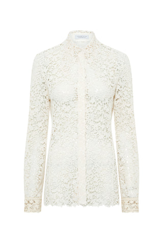 Vera Shirt in Ivory Floral Cashmere Lace with Suede Lace Cuffs