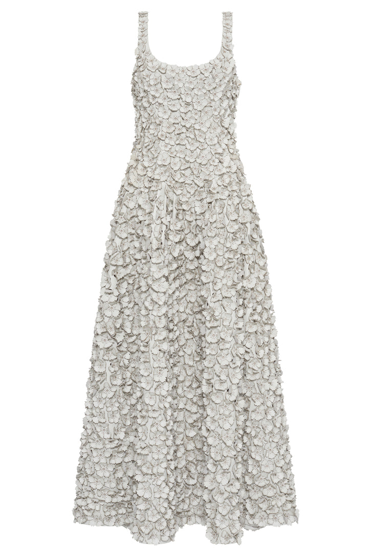 Ceolan Dress in White Floral Embroidered Leather