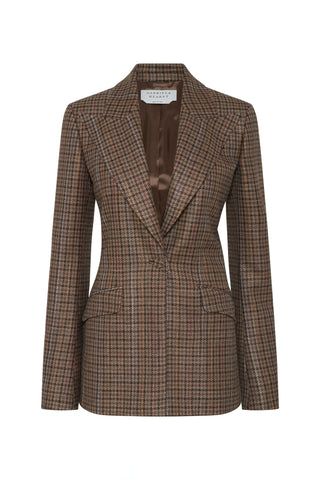 Leiva Blazer in Camel Multi Wool Silk Houndstooth