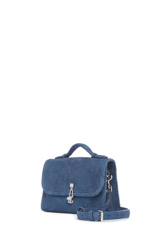 Light Blue Suede Denim Leonora Flap Bag - Side Profile | Gabriela Hearst