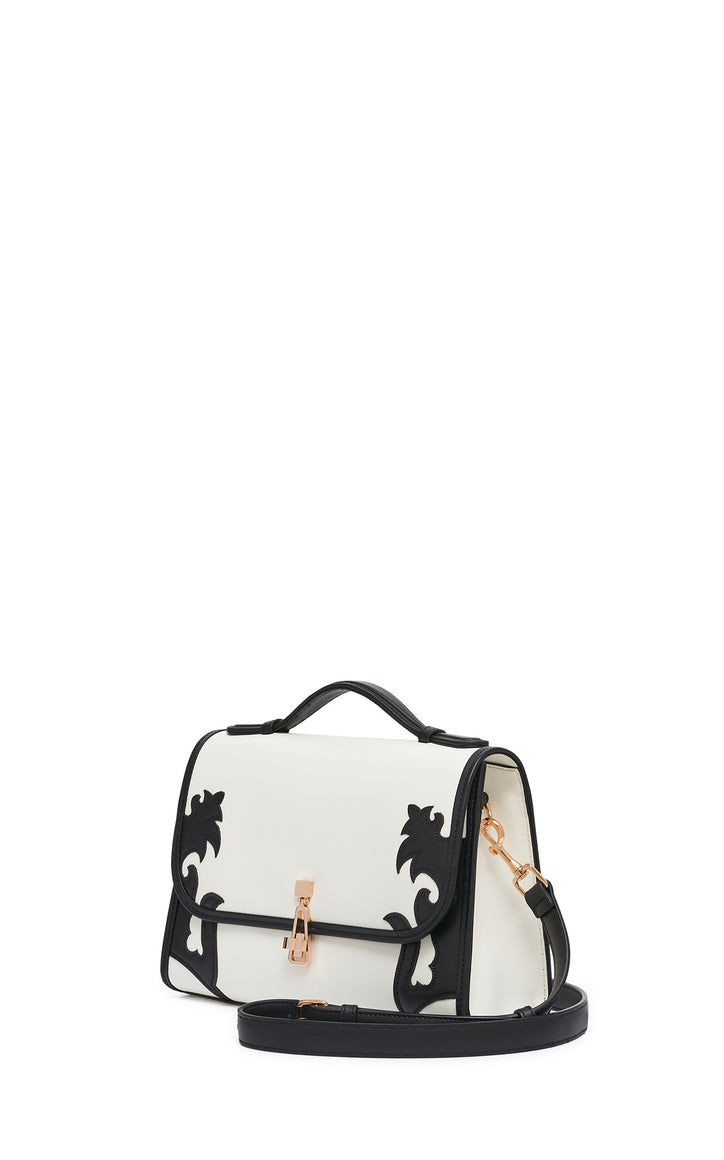 Medium Leonora Flame Flap Bag in Black & Ivory Leather