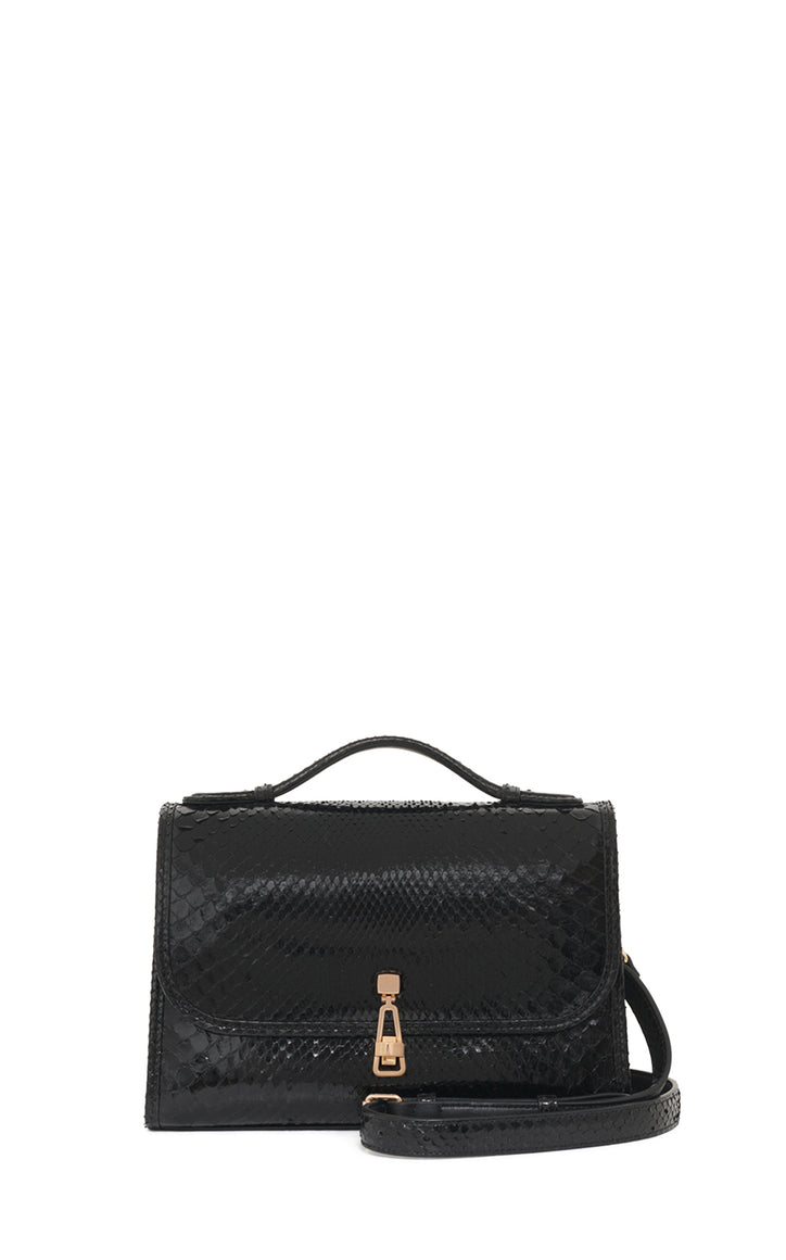 Medium Leonora Flap Bag in Black Snakeskin with Sunglasses Pouch