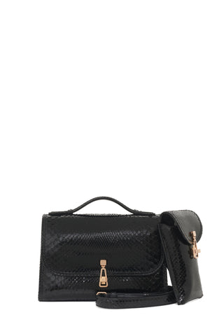 Medium Leonora Flap Bag in Black Snakeskin with Sunglasses Pouch