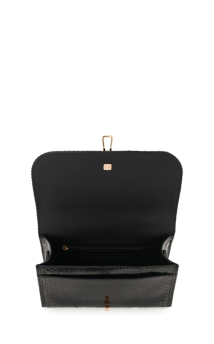 Medium Leonora Flap Bag in Black Snakeskin with Sunglasses Pouch