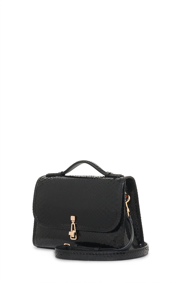 Medium Leonora Flap Bag in Black Snakeskin with Sunglasses Pouch