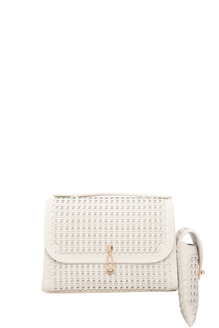 Medium Leonora Flap Bag in White Woven Leather with Sunglass Pouch