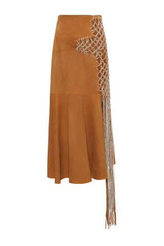 Cashew Suede Riverine Midi Skirt with Macramé Fringe Detail - Side View | Gabriela Hearst