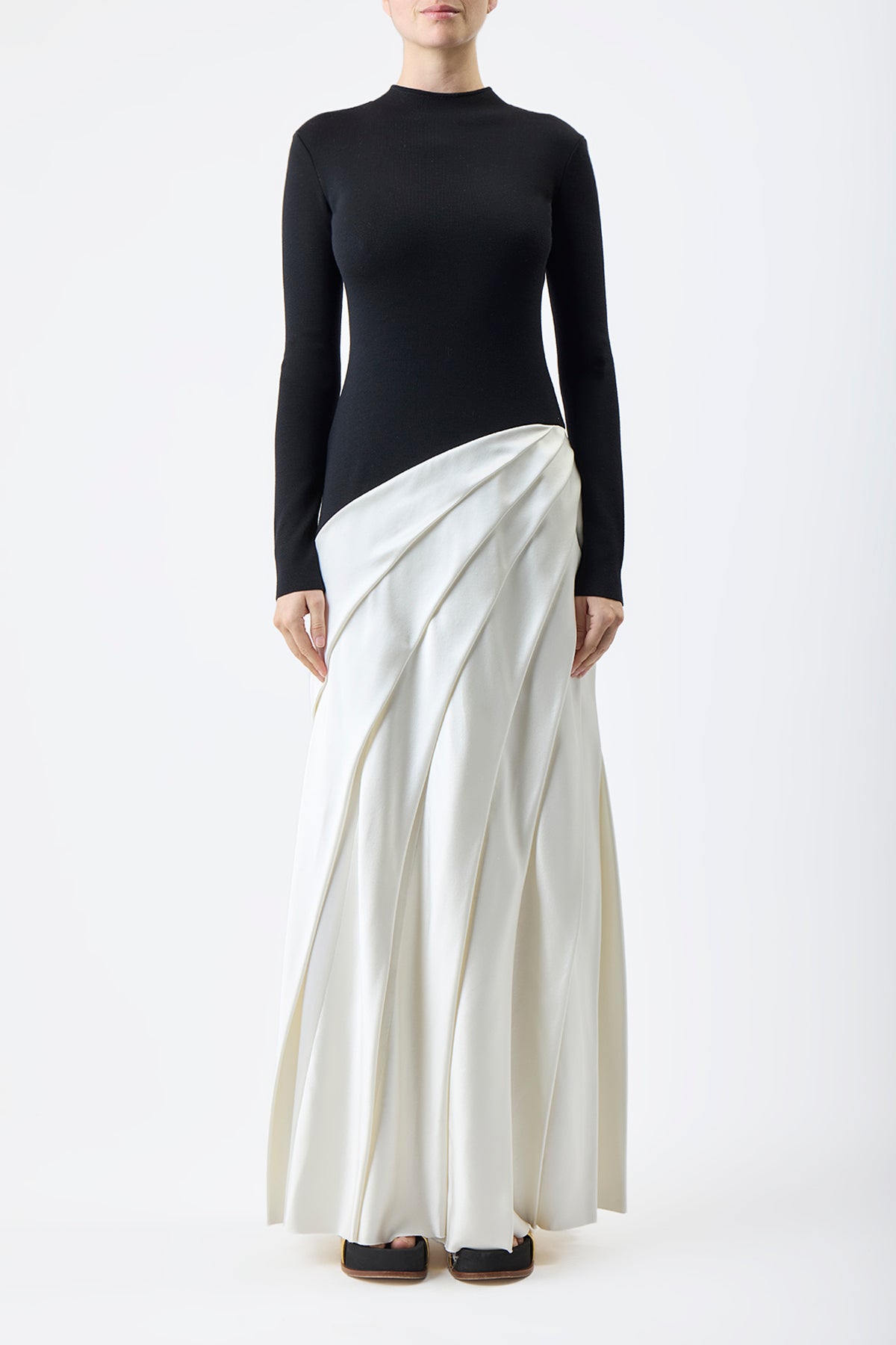 Ismay Pleated Dress in Black & Ivory Silk Satin