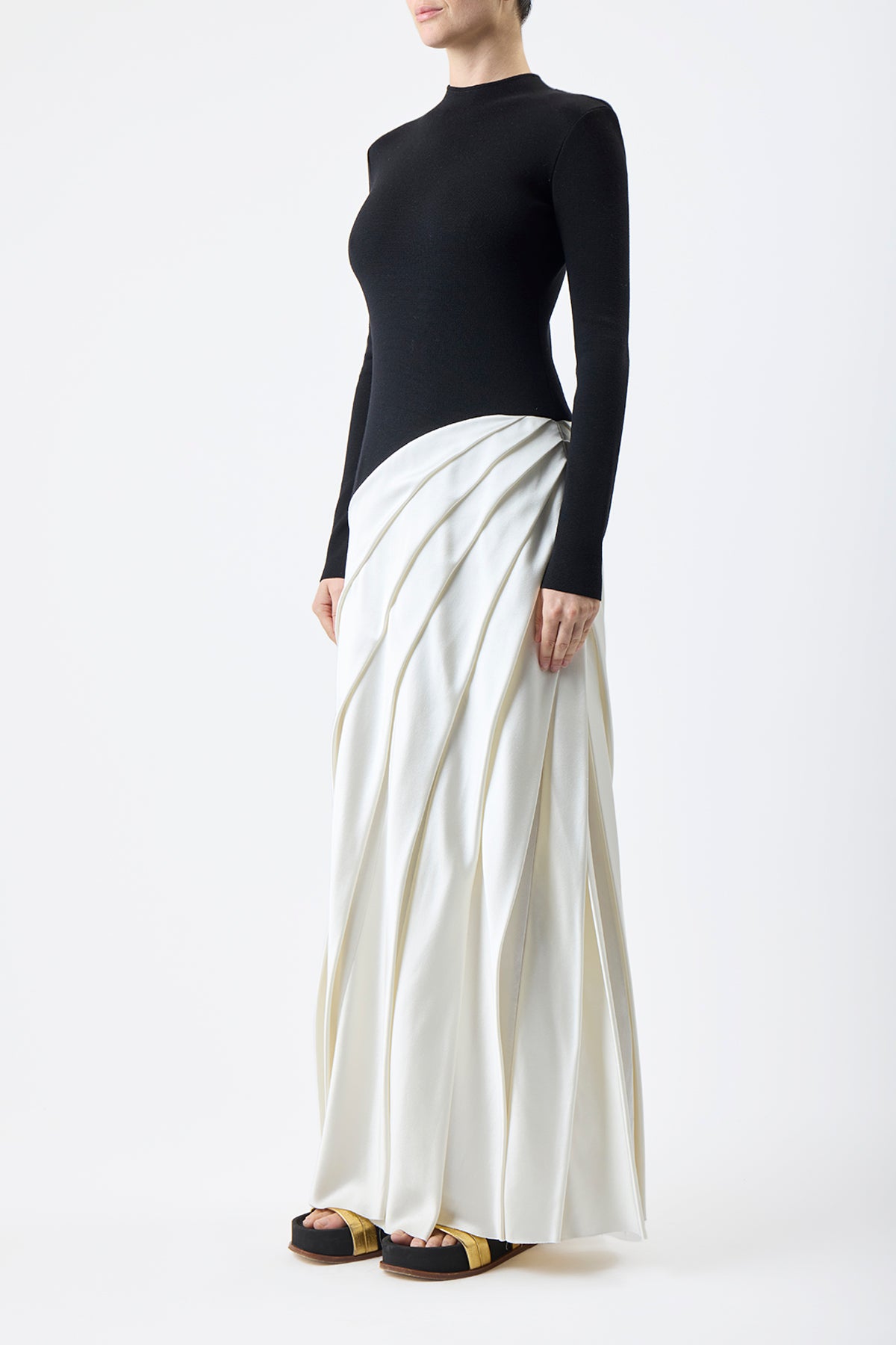 Ismay Pleated Dress in Black & Ivory Silk Satin