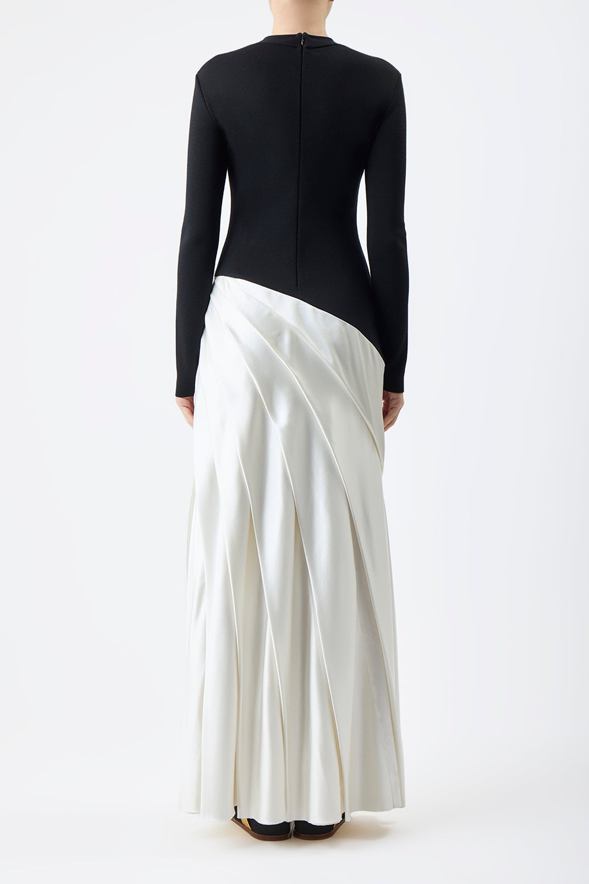 Ismay Pleated Dress in Black & Ivory Double Satin