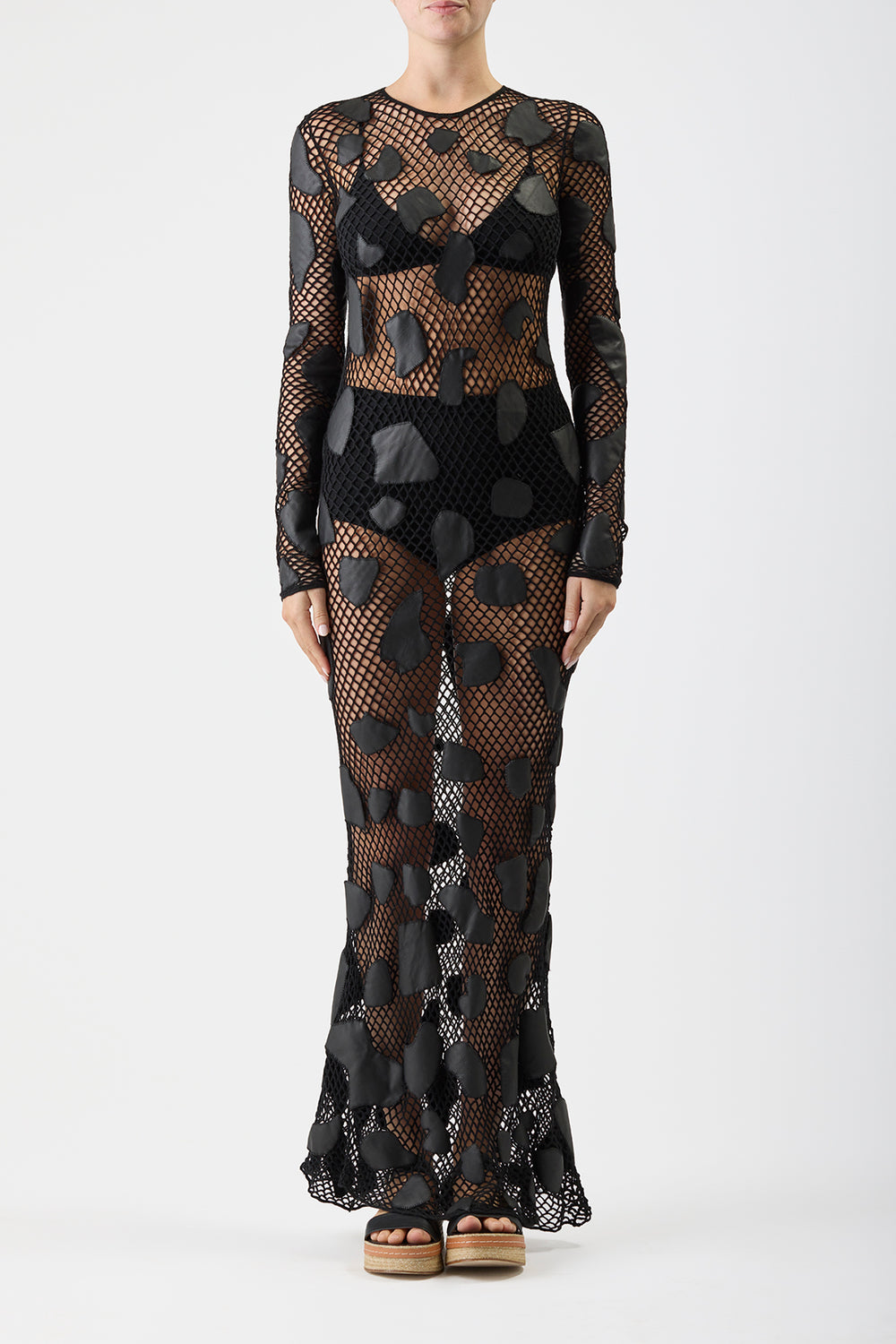 Romeo Crochet Maxi Dress in Black Merino Wool with Nappa Leather Patches