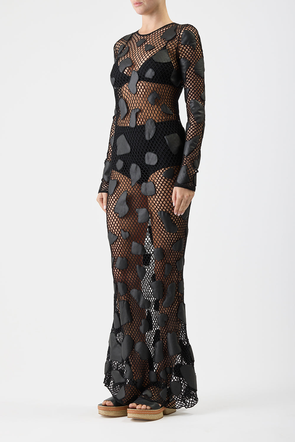 Romeo Crochet Maxi Dress in Black Merino Wool with Nappa Leather Patches