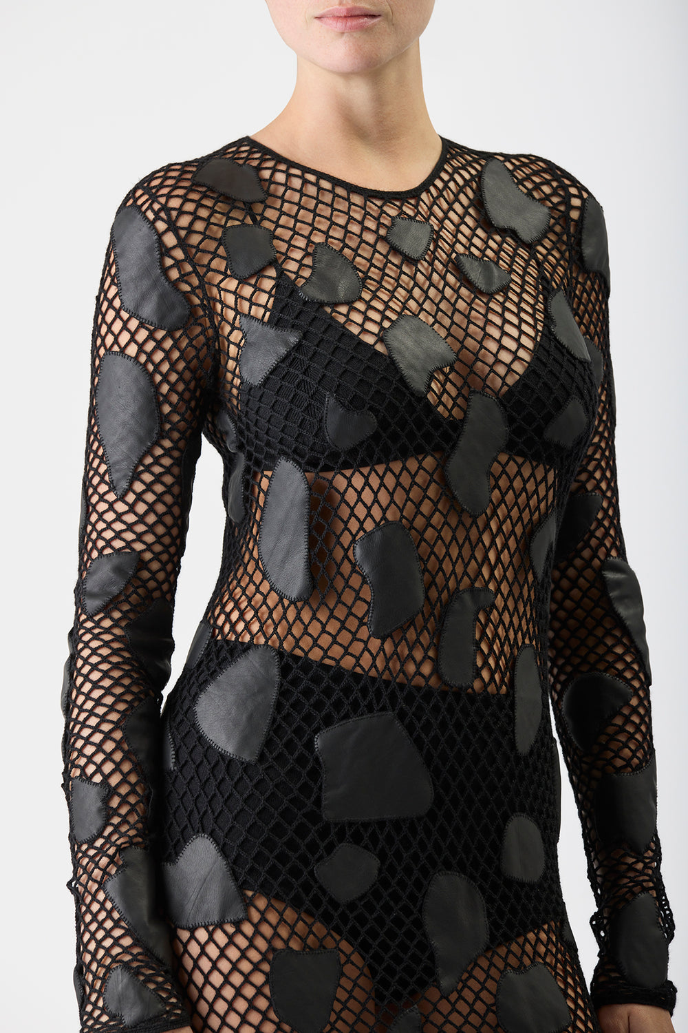 Romeo Crochet Maxi Dress in Black Merino Wool with Nappa Leather Patches