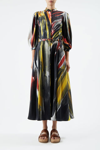 Dexter Pleated Shirtdress in Multi Printed Silk