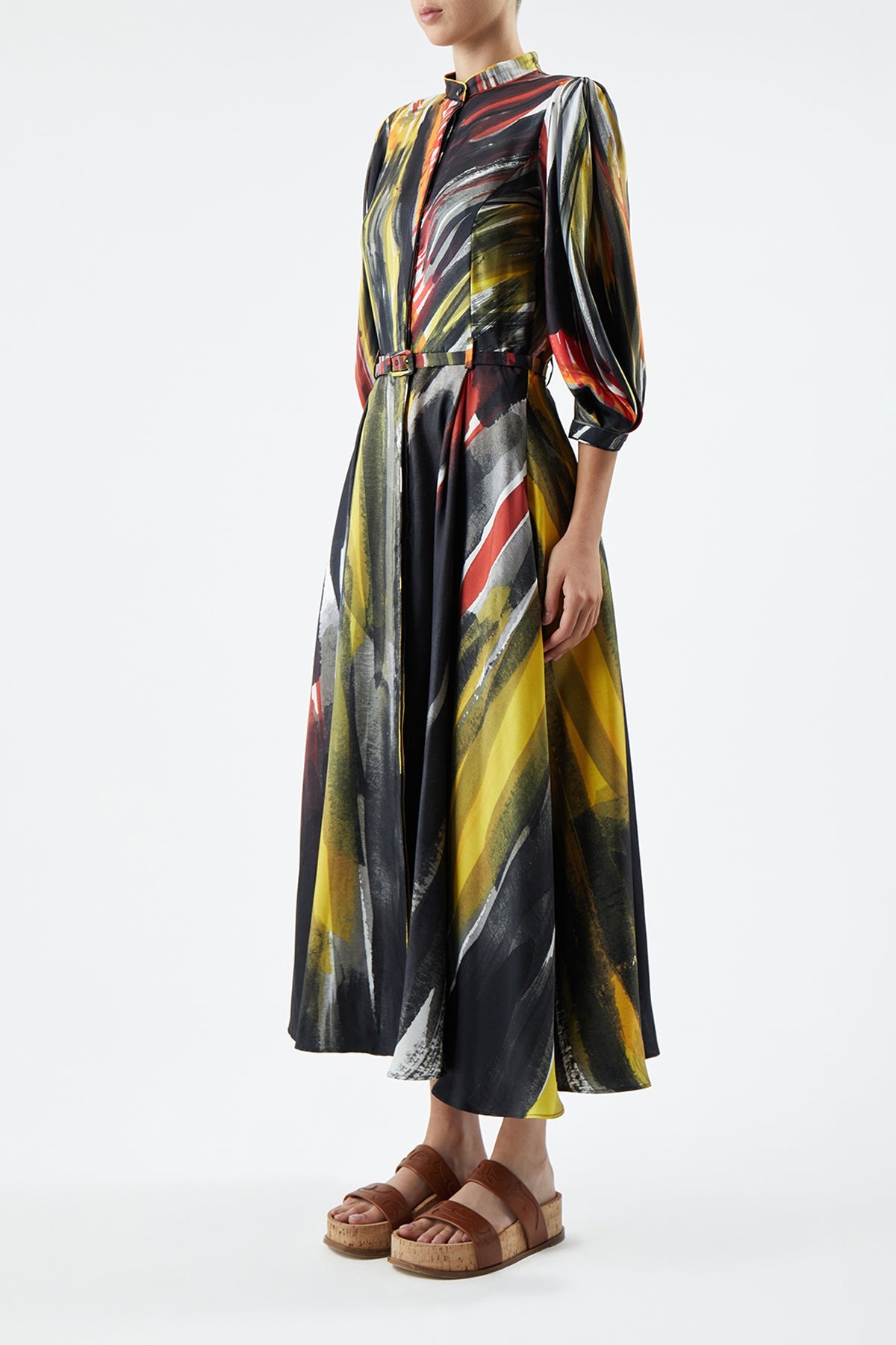 Dexter Pleated Shirtdress in Multi Printed Silk