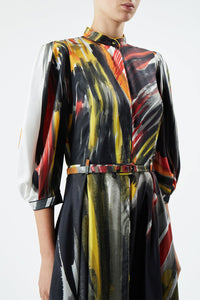 Dexter Pleated Shirtdress in Multi Printed Silk