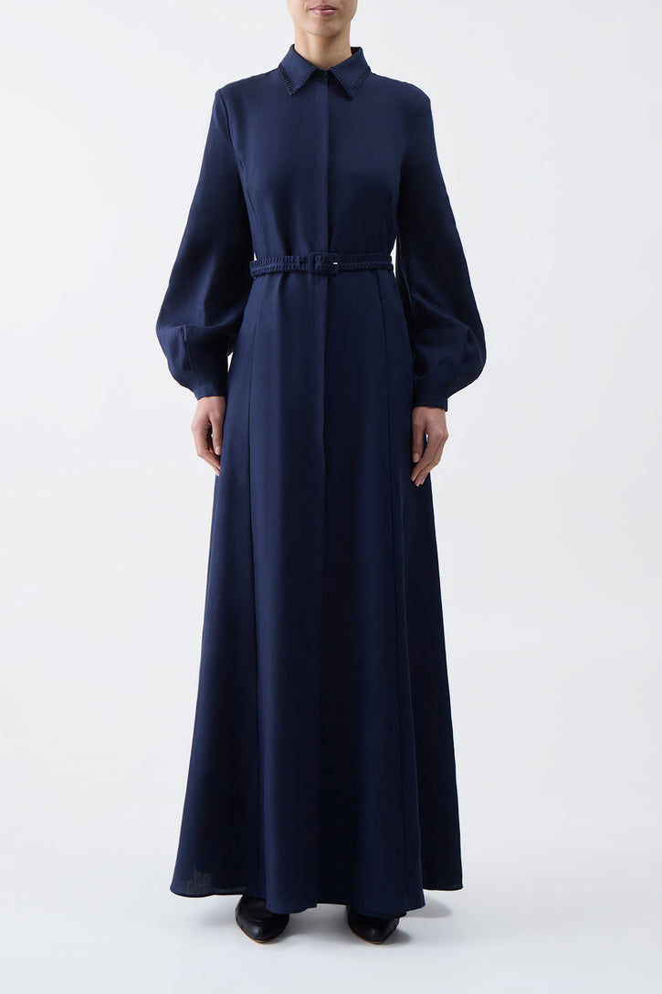 Breton Maxi Shirtdress with Slip in Navy Aloe Linen