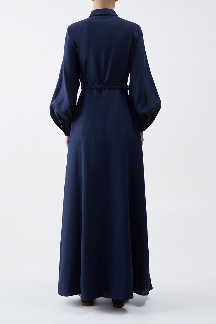 Breton Maxi Shirtdress with Slip in Navy Aloe Linen