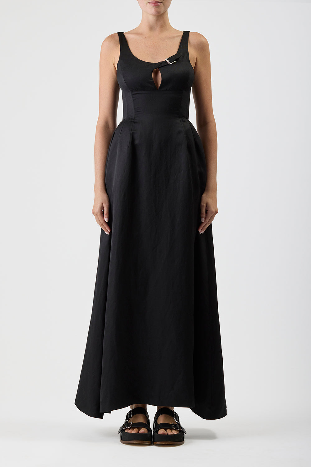Sven Maxi Dress in Black Silk Linen Satin