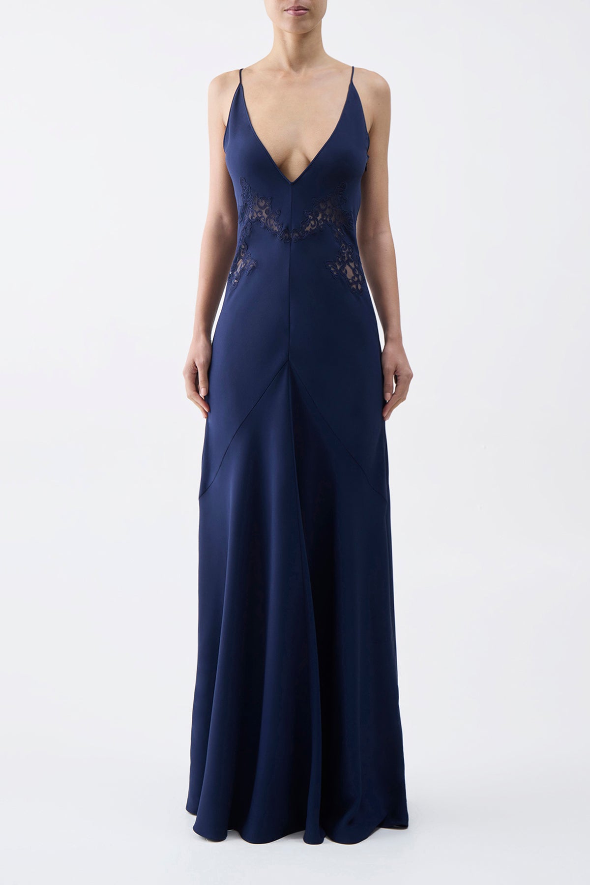 Apuleius Lace Slip Maxi Dress in Navy Silk Crepe