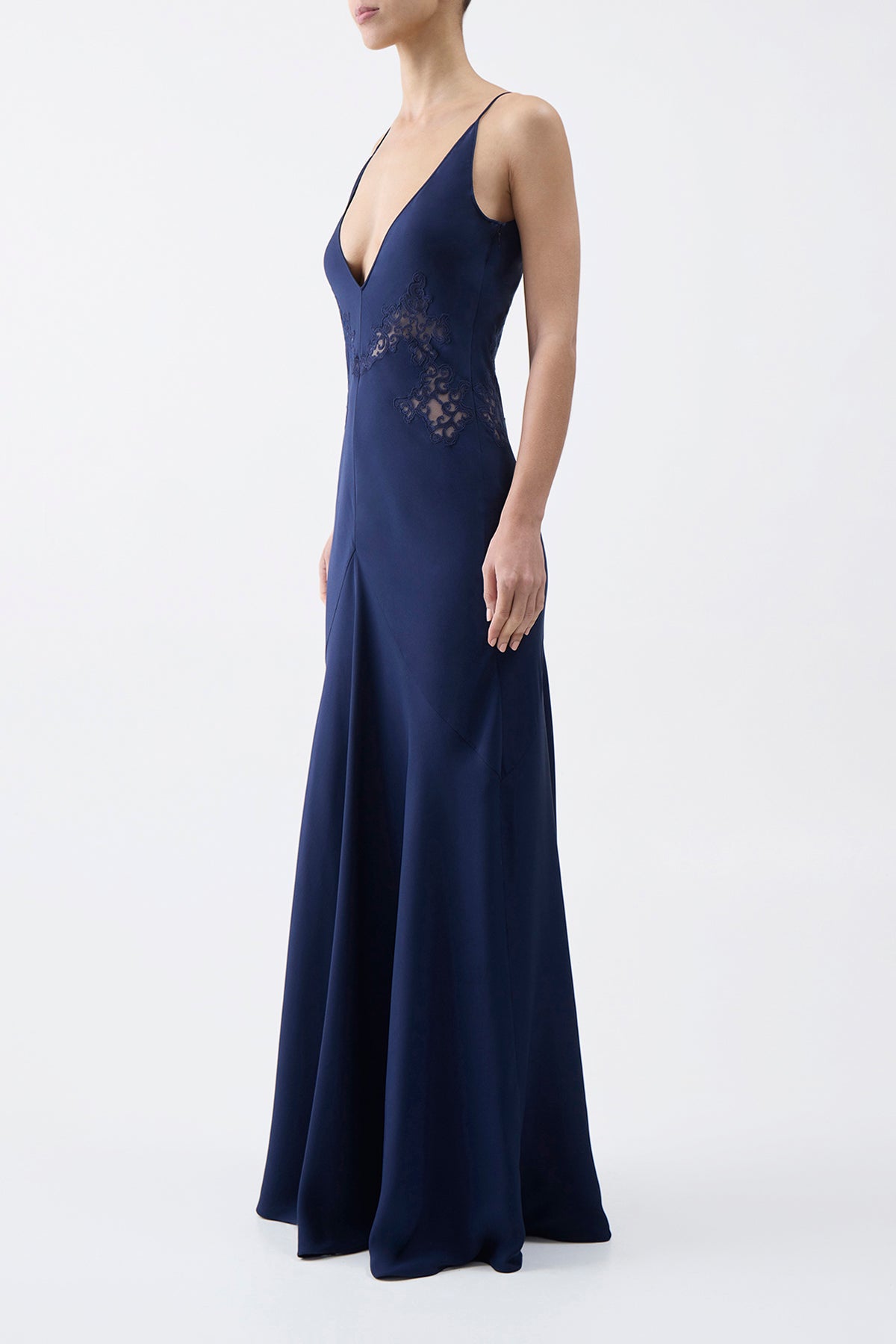 Apuleius Lace Slip Maxi Dress in Navy Silk Crepe