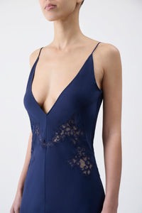 Apuleius Lace Dress in Navy Silk Crepe