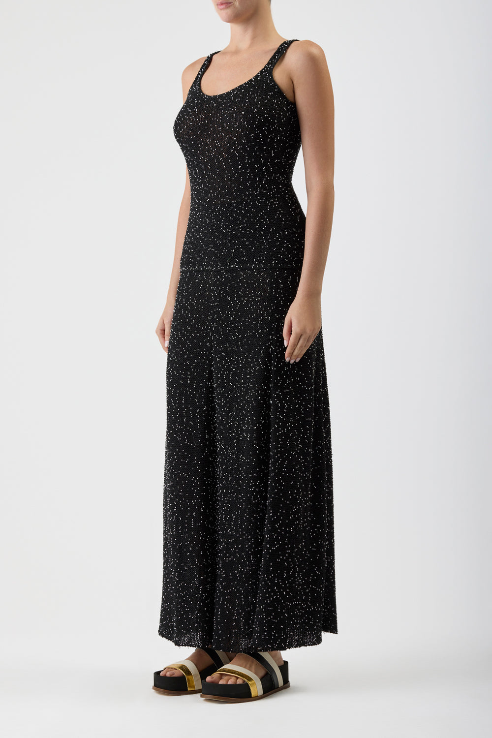 サンネ ニットタンクトップ ブラック ビーズ シルク