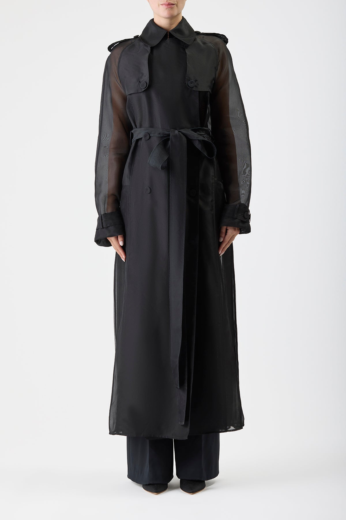 Eithne Sheer Trench Coat in Black Silk Organza
