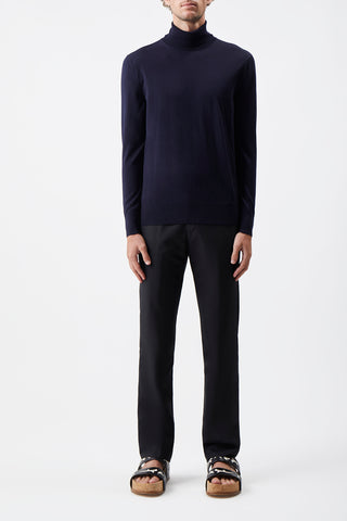 Navy Merino Wool Turtleneck Sweater - On Model Front | Gabriela Hearst