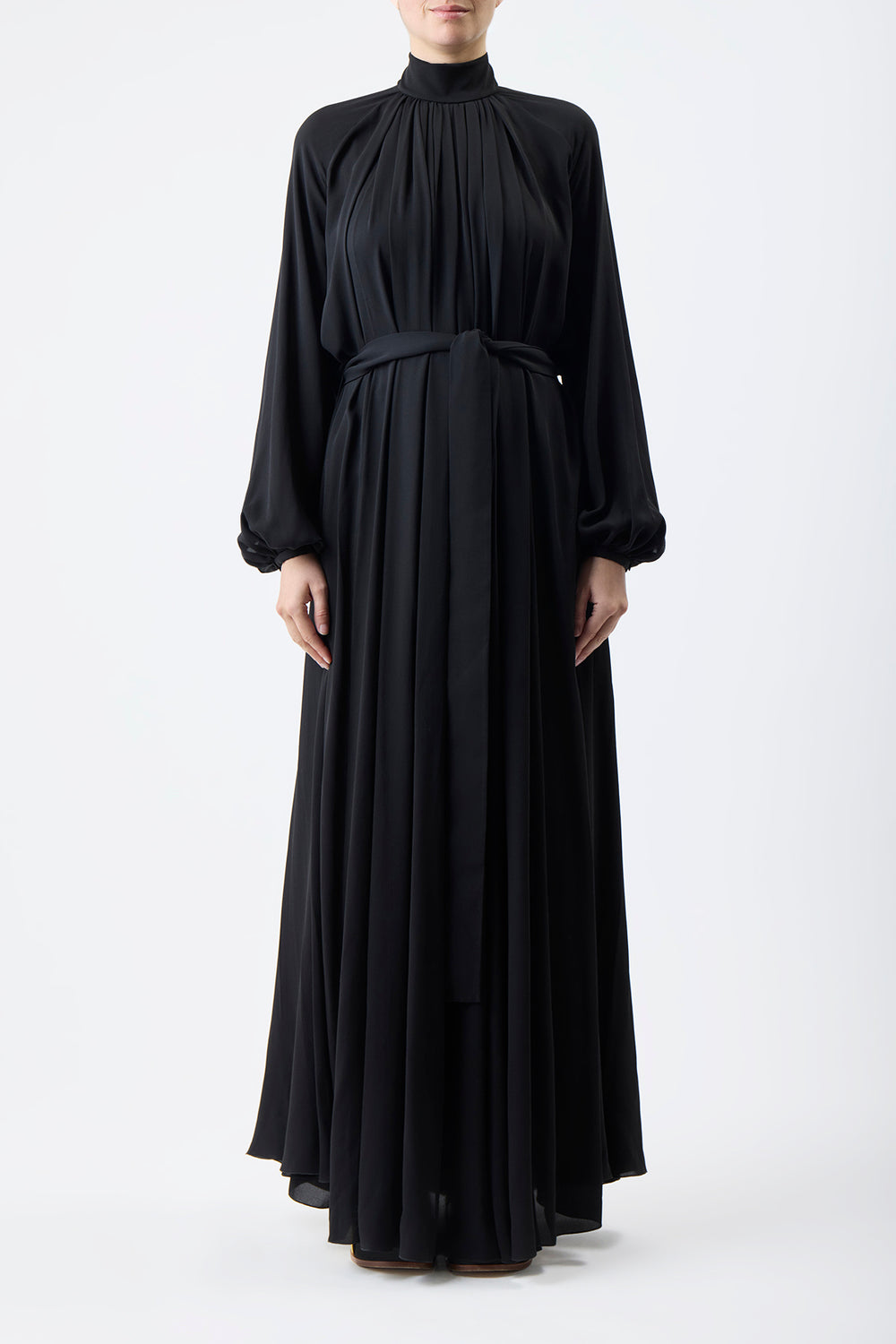 Cedric Pleated Maxi Dress in Black Silk Georgette Twill