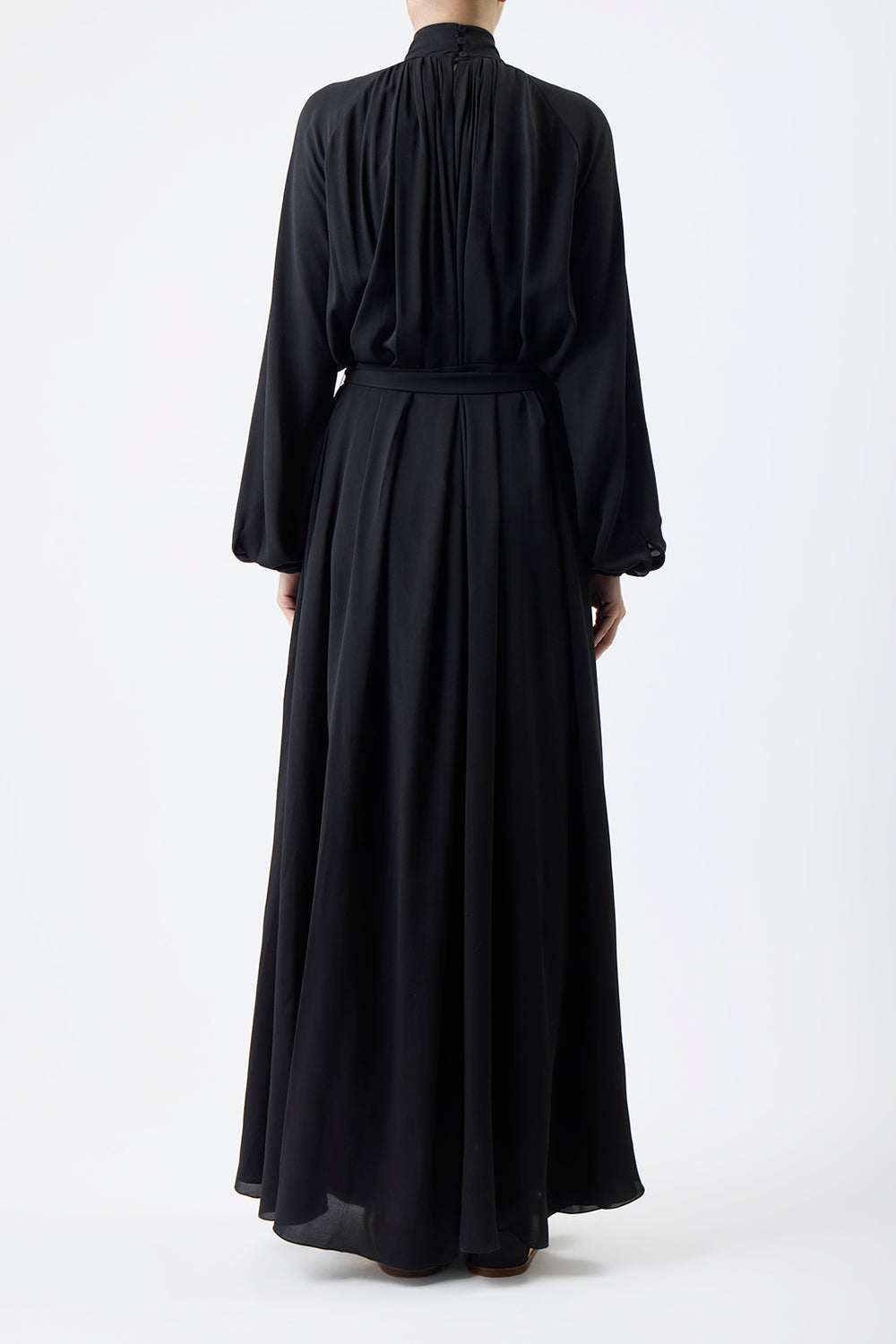 Cedric Pleated Maxi Dress in Black Silk Georgette Twill