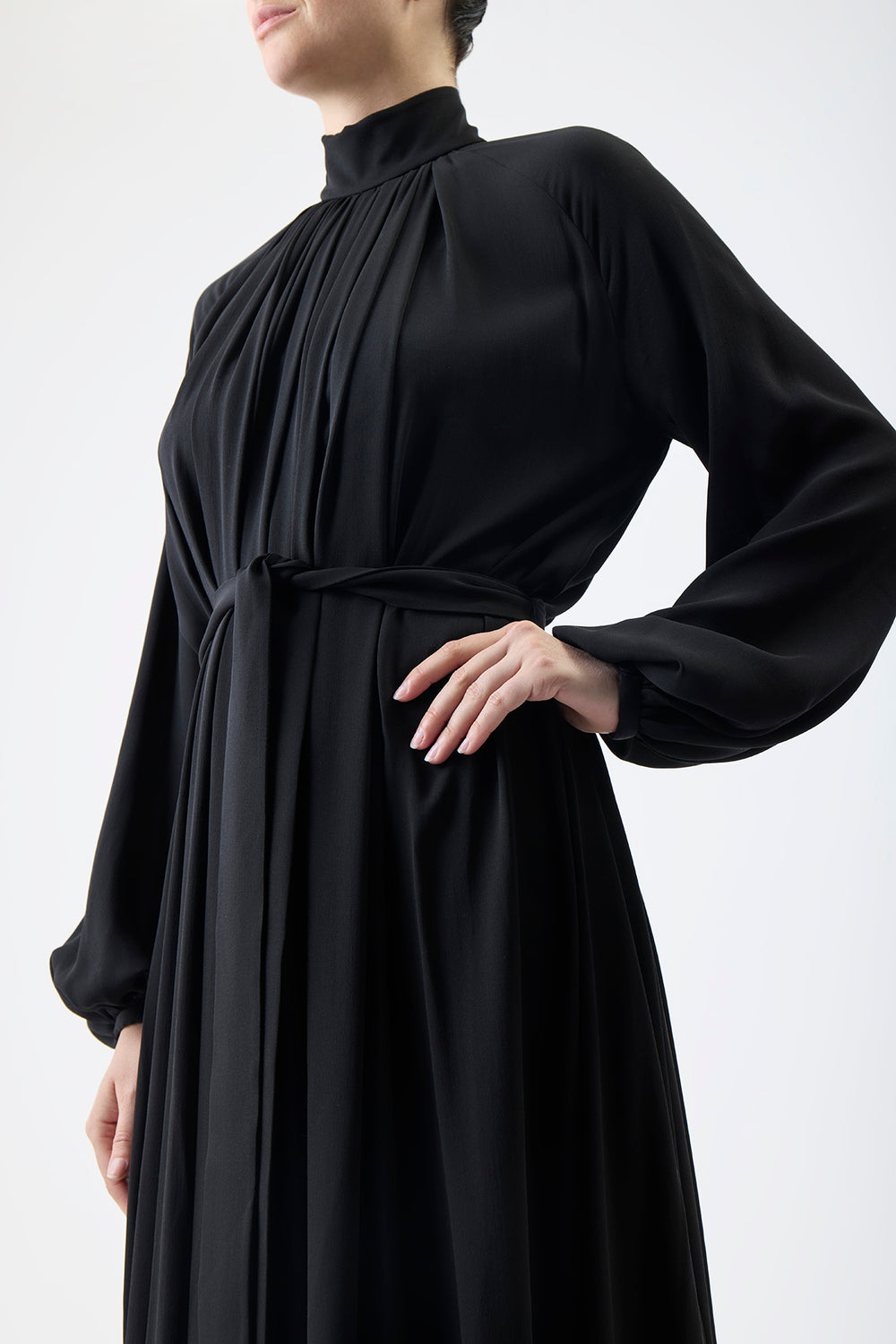 Cedric Pleated Maxi Dress in Black Silk Georgette Twill