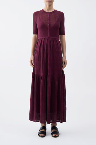 Iris Pointelle Knit Pleated Dress with Slip in Bordeaux Cotton Silk