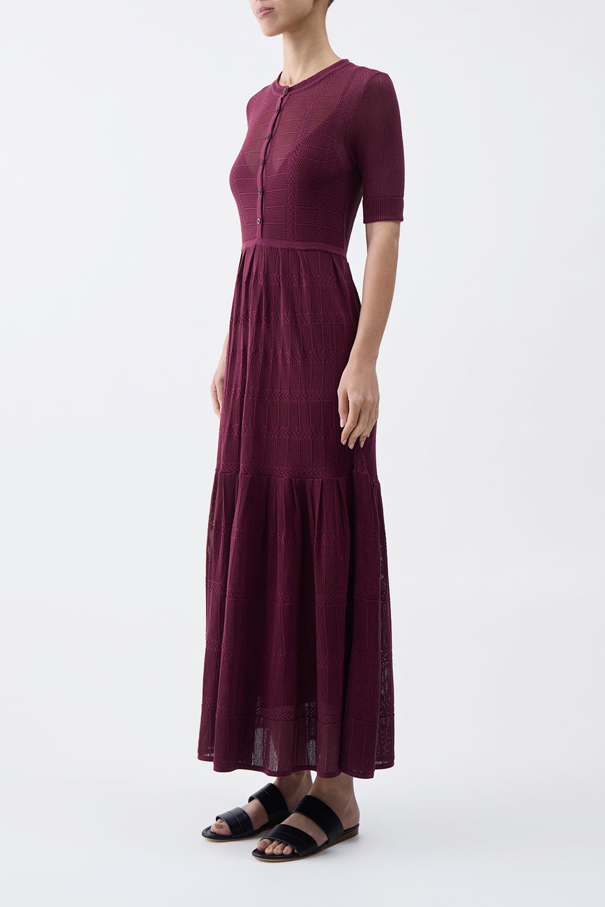 Iris Pointelle Knit Pleated Dress with Slip in Bordeaux Cotton Silk
