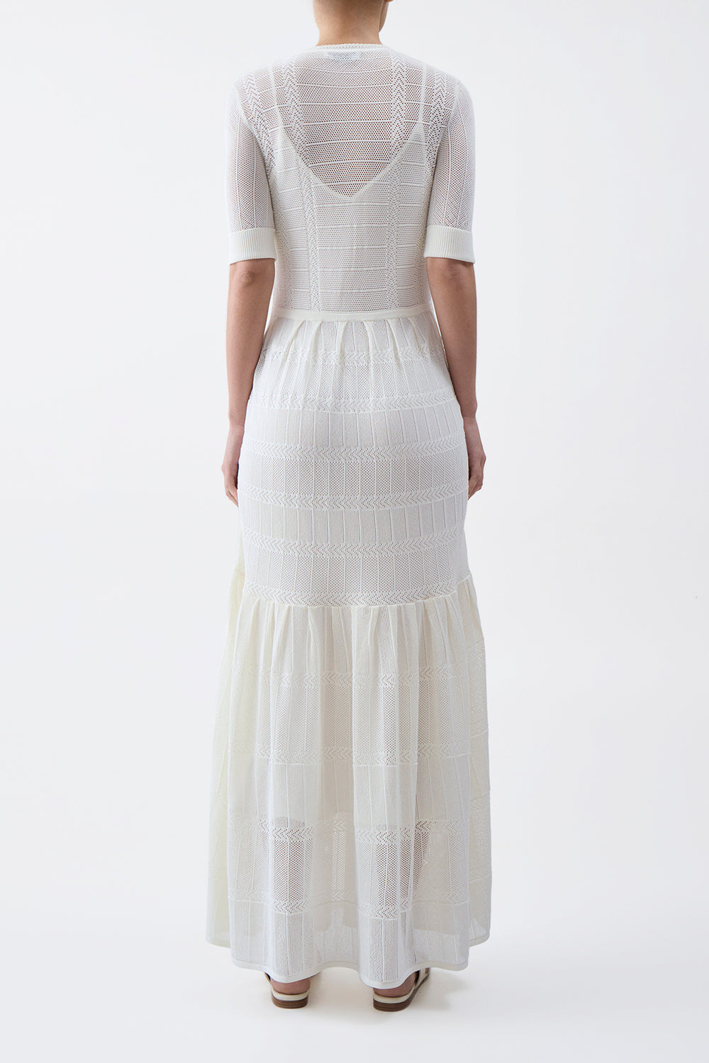 Iris Pointelle Knit Pleated Maxi Dress with Slip in Ivory Cotton Silk