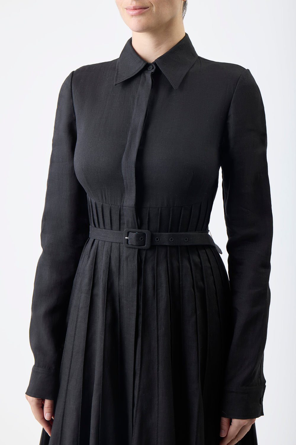 Pleated Dress With Covered Belt - Black