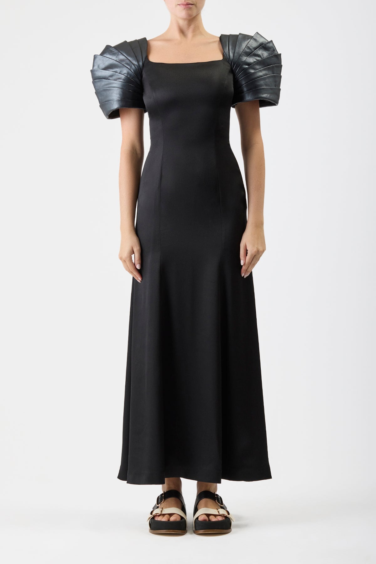 Duchess Dress in Black Silk with Metallic Leather Shoulders