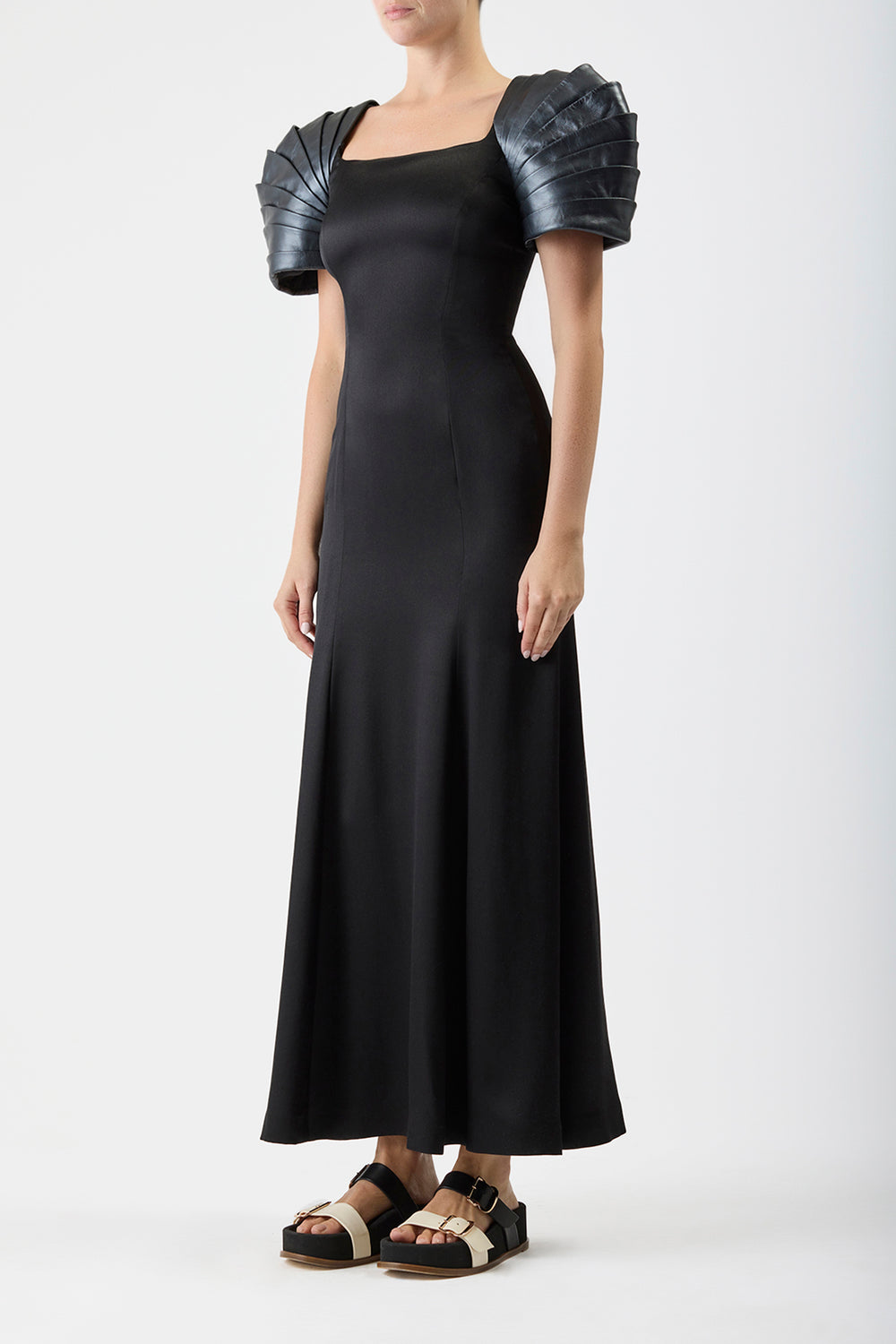 Duchess Maxi Dress in Black Silk Satin with Metallic Nappa Leather Shoulders