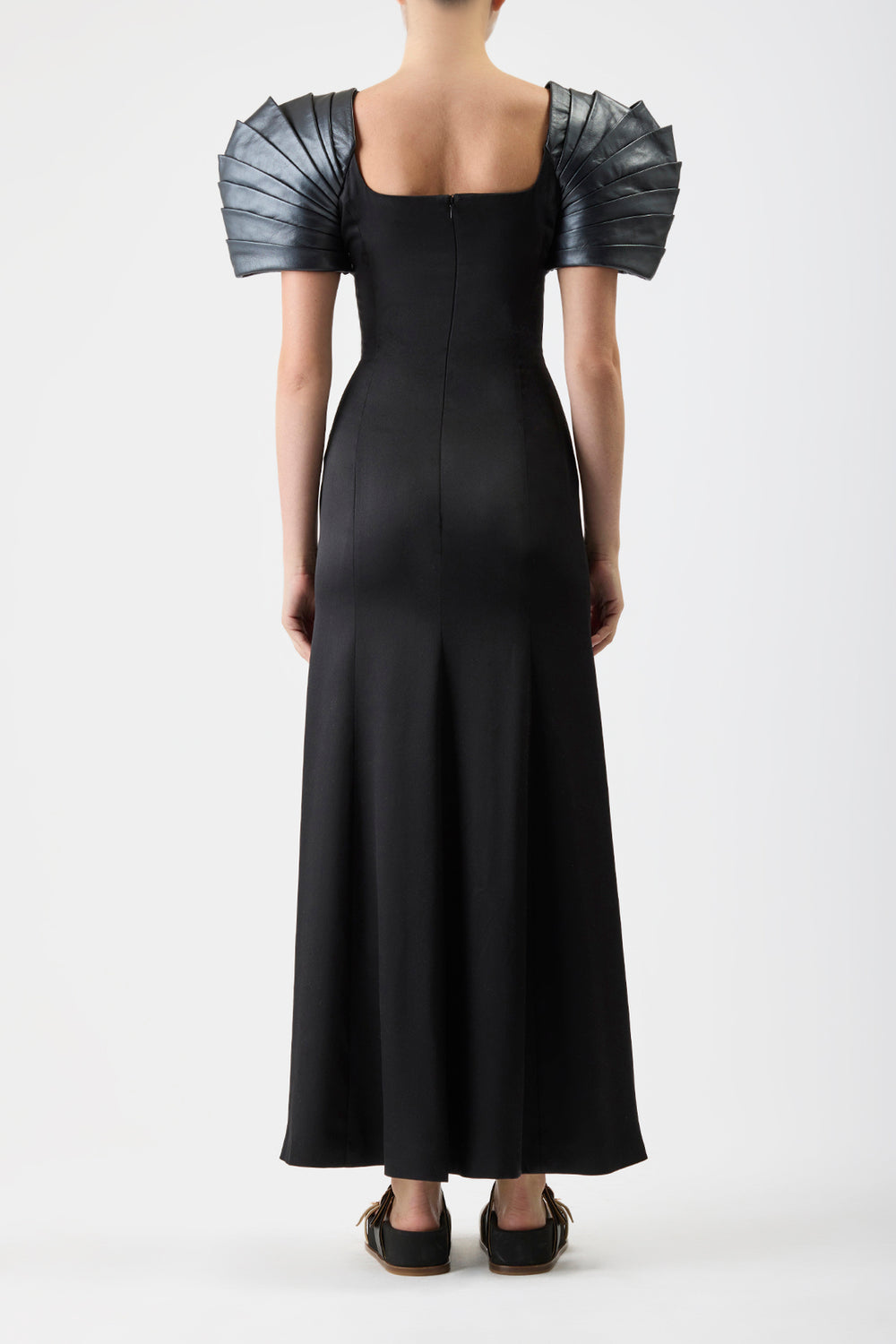 Duchess Maxi Dress in Black Silk Satin with Metallic Nappa Leather Shoulders
