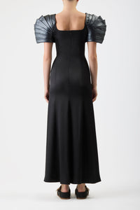 Duchess Dress in Black Silk Satin with Metallic Nappa Leather Shoulders
