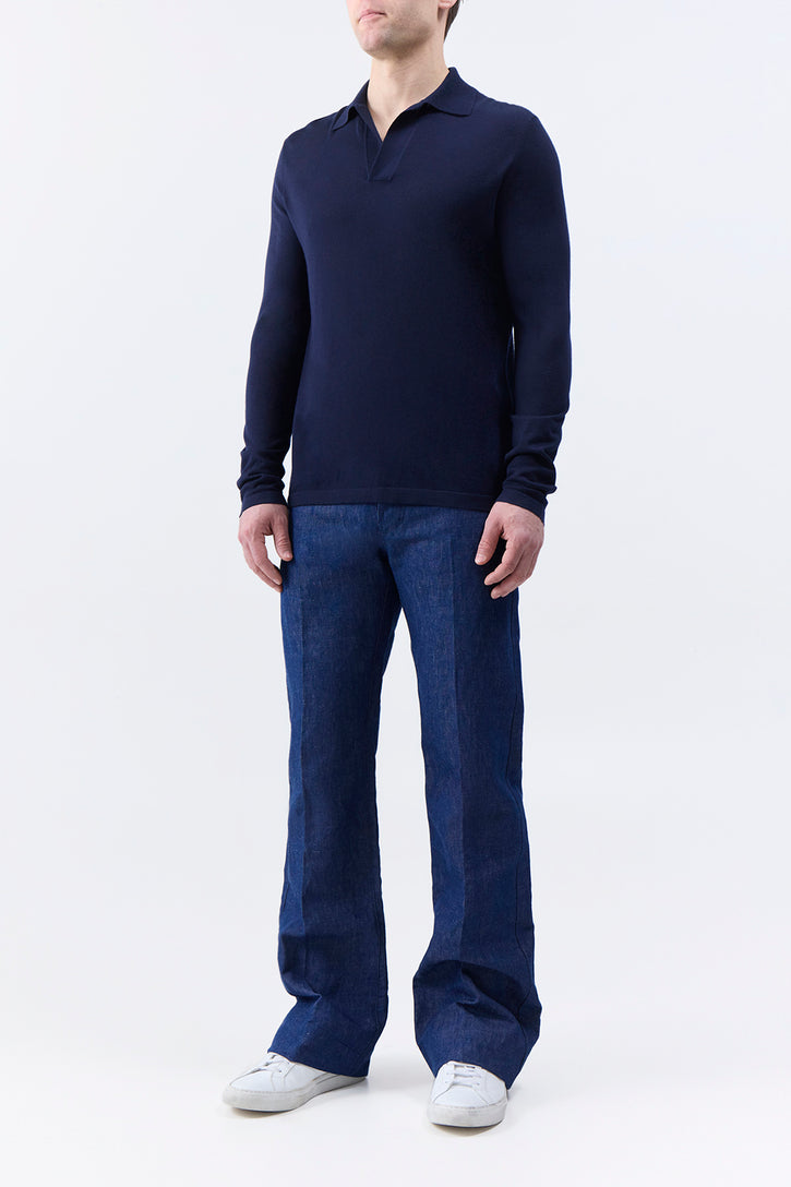 Frome Knit Long Sleeve Polo in Dark Navy Cashmere