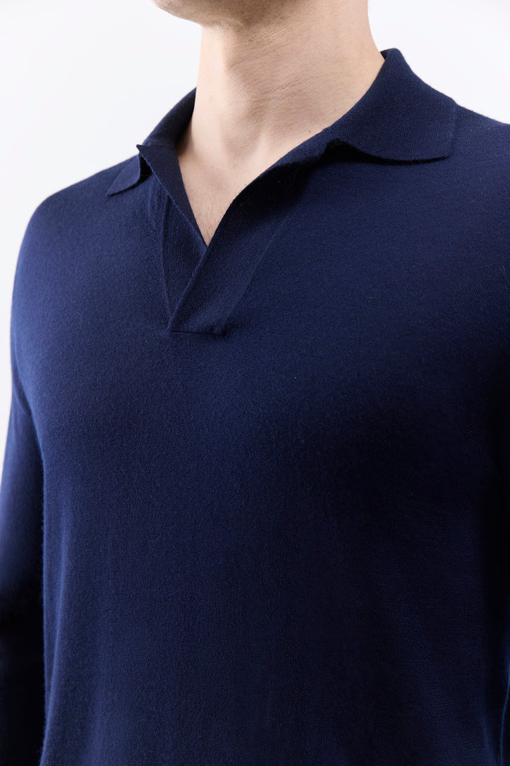 Frome Knit Long Sleeve Polo in Dark Navy Cashmere