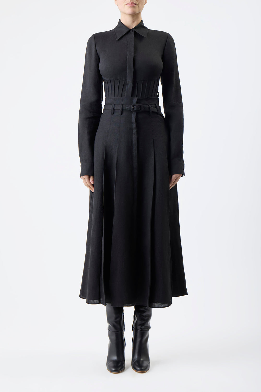 Dugald Pleated Midi Skirt in Black Aloe Linen