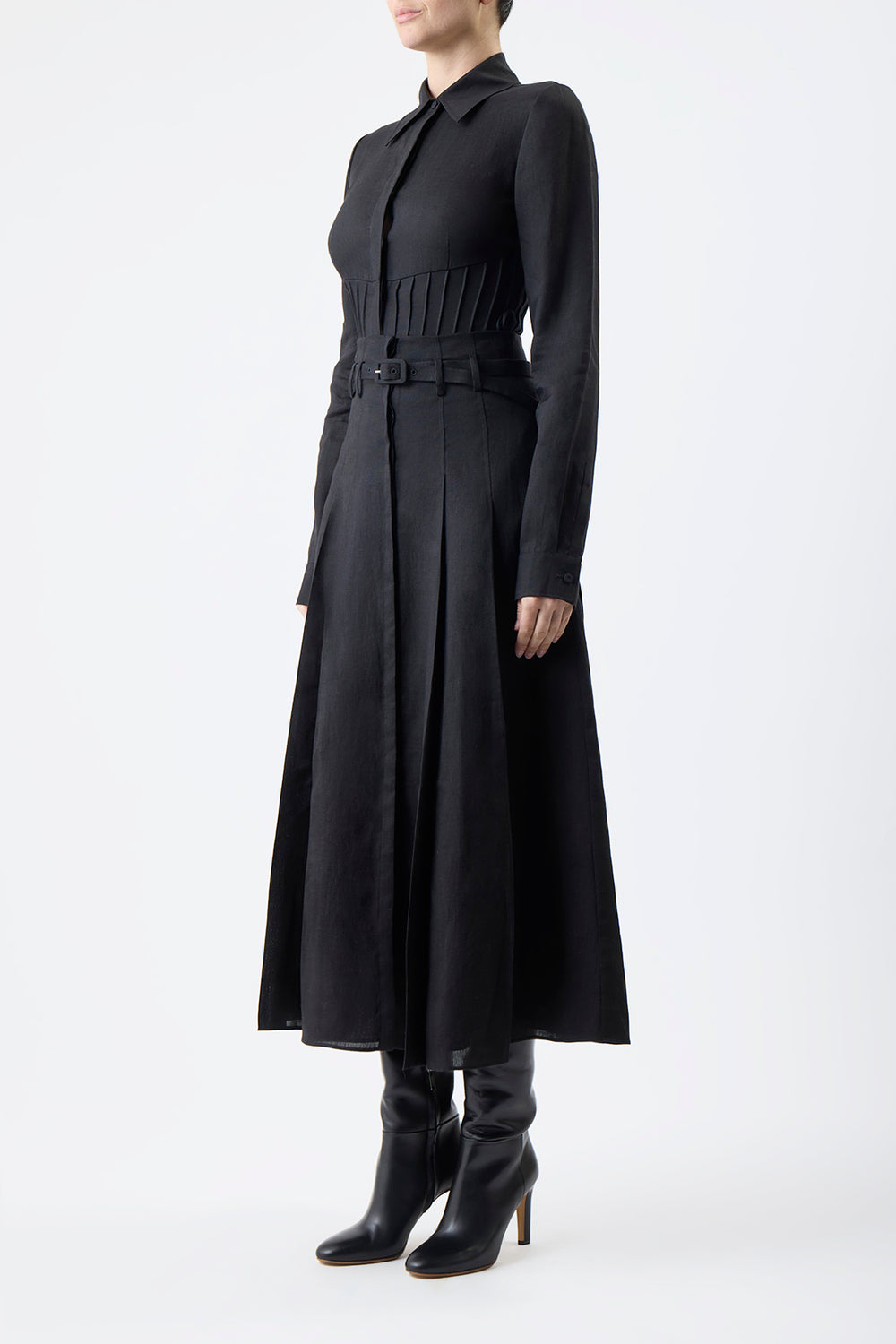 Dugald Pleated Midi Skirt in Black Aloe Linen