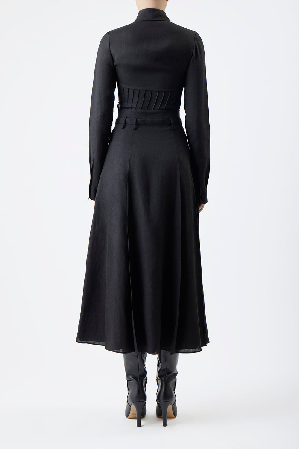 Dugald Pleated Midi Skirt in Black Aloe Linen