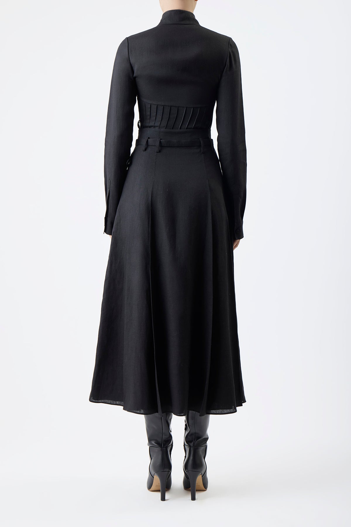 Dugald Pleated Skirt in Black Aloe Linen