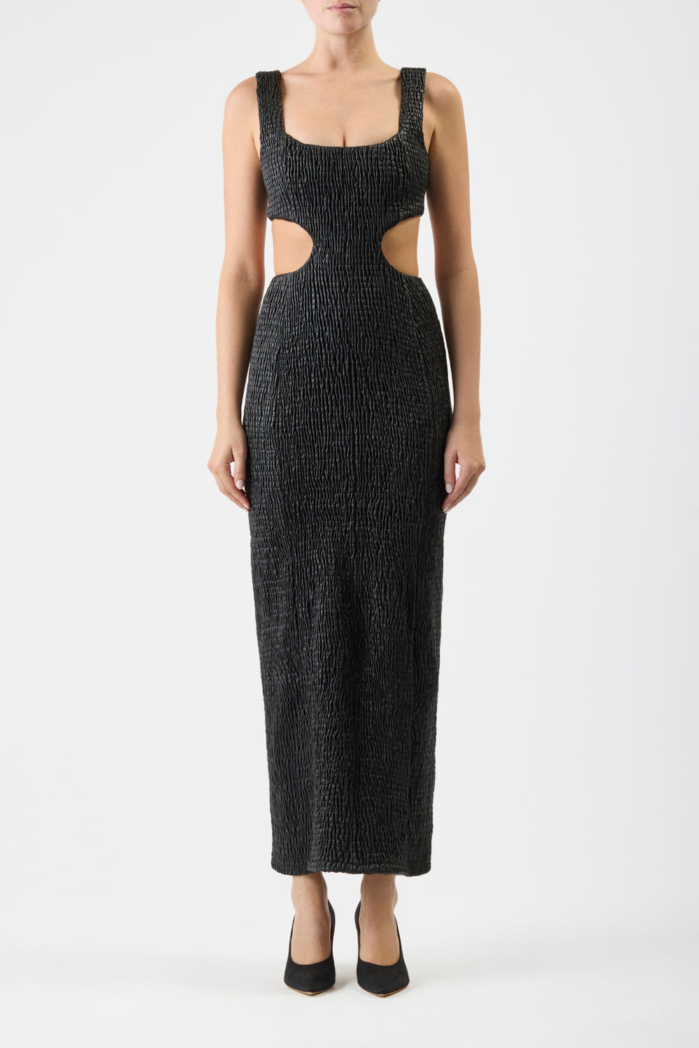 Gal Shirred Maxi Dress with Lining in Black Nappa Leather